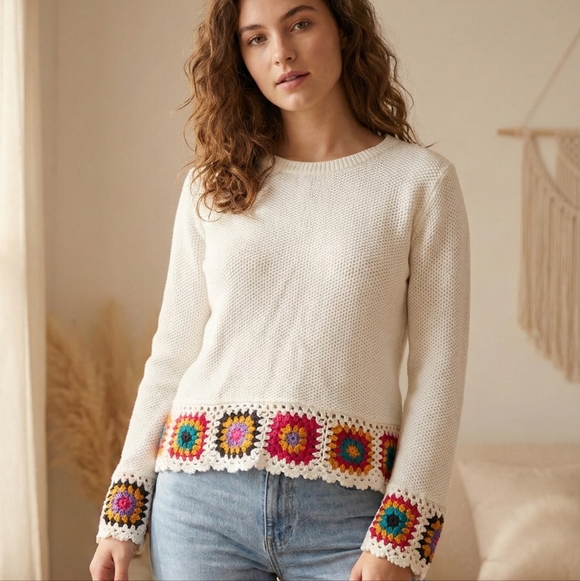 Joseph Sweaters - Vintage Y2K Joseph A Granny Square Crochet Sweater White Knit Boho [Size M]